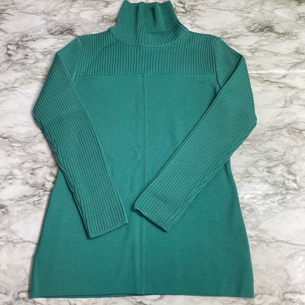 Louis Feraud 100% Wool Ribbed Turtleneck Tunic Sweater Women’s Size 8 Teal